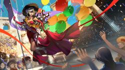 Rule 34 | 1girl, :d, audience, balloon, bare shoulders, black hair, blue sky, boots, centurion (reverse:1999), centurion (the universal star) (reverse:1999), confetti, curly hair, dark-skinned female, dark skin, day, dress, dutch angle, elbow gloves, evening gown, eyes visible through hair, flag, floating hair, flower, flower wreath, full body, gloves, grey footwear, guaisanmu, hair ornament, hair over one eye, hat, highres, holding, holding flag, knee boots, leg up, long dress, long hair, looking to the side, multicolored hair, open mouth, red dress, red gloves, reverse:1999, sash, shoulder sash, side slit, skirt hold, sky, smile, sombrero, stadium, standing, standing on one leg, strapless, strapless dress, streaked hair, swept bangs, teeth, too many balloons, turning head, upper teeth only, white hair, yellow flower