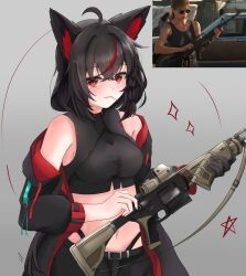 1girl ahoge animal_ear_fluff animal_ears ar-15 assault_rifle black_gloves black_hair black_jacket black_shirt black_shorts crop_top fox_ears fox_girl gloves grey_background gun highres holding holding_gun holding_weapon hololive jacket kurokami_fubuki long_hair looking_at_viewer midriff mouth_hold navel off_shoulder open_clothes open_jacket panty_straps pentagram photo-referenced photo_inset red_eyes reference_inset rifle sarah_connor shirt shorts simple_background single_glove sleeveless sleeveless_shirt solo sparkle st-147 stalk_in_mouth terminator_(series) terminator_2:_judgment_day virtual_youtuber weapon
