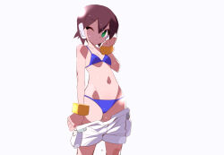 1girl aile_(mega_man_zx) bikini blue_bikini bracelet breasts brown_hair green_eyes jewelry kaidou_zx mega_man_(series) mega_man_zx navel one_eye_closed robot_ears short_hair shorts solo swimsuit wet white_background white_shorts