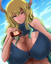1girl bikini black_bikini blonde_hair blue_hair blue_sky breasts choker dragon dragon_girl dragon_horns covered_erect_nipples green_hair heterochromia highres horns huge_breasts kobayashi-san_chi_no_maidragon looking_at_viewer lotion lotion_bottle multicolored_hair oil oiled lucoa_(maidragon) saketanuki sky smile swimsuit