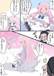 2girls absurdres angel angel_wings blue_archive blue_shirt blue_skirt blush closed_eyes fanning_self hair_bun highres kakapomilk koharu_(blue_archive) long_hair low_wings mika_(blue_archive) multiple_girls open_mouth panties pink_hair shirt skirt smile underwear very_long_hair white_panties wings yellow_eyes