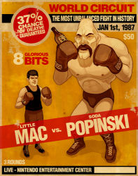 Rule 34 | 1987, 2boys, bald, boots, bottle, boxing, boxing gloves, briefs, character name, dated, dollar sign, facial hair, facing viewer, fake poster, full body, hammer and sickle, height difference, january, lace-up boots, little mac, lowres, male underwear, multiple boys, muscular, muscular male, mustache, nintendo, percentage, poster (medium), price, punch-out!!, soda popinski, standing, underwear