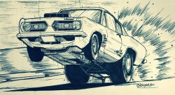 car datsan explosion greyscale highres ink_(medium) monochrome motion_blur motion_lines motor_vehicle muscle_car no_humans original pen_(medium) traditional_media twitter_username vehicle_focus vehicle_request