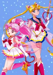 Rule 34 | 2girls, bishoujo senshi sailor moon, bishoujo senshi sailor moon supers, blonde hair, blue background, blue eyes, blue sailor collar, bow, brooch, chibi usa, choker, cone hair bun, crisis moon compact, crystal carillon, double bun, elbow gloves, gloves, hair bun, hair ornament, heart, heart brooch, heart choker, highres, jewelry, kaleidomoon scope, long hair, looking at viewer, morishita (moricuremori), multicolored skirt, multiple girls, open mouth, pink brooch, pink hair, pink sailor collar, red bow, sailor chibi moon, sailor collar, sailor moon, skirt, smile, super sailor chibi moon, super sailor moon, tsukino usagi, twintails, white gloves
