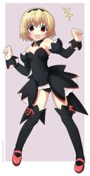 Rule 34 | 1girl, absurdres, arms up, black collar, black hairband, black leotard, black sleeves, black thighhighs, blonde hair, breasts, collar, detached collar, detached sleeves, fang, full body, hairband, highres, higurashi no naku koro ni, houjou satoko, leotard, looking at viewer, mary janes, open mouth, outstretched arms, purple background, red eyes, red shoes, satokocel, shoes, short hair, simple background, skin fang, small breasts, smile, solo, standing, tachi-e, thighhighs, twitter username