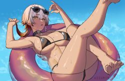 1girl absurdres aisurin1st artist_name belt_collar bikini black_bikini black_collar breasts brown_eyes brown_hair collar cross cross_earrings dark-skinned_female dark_skin earrings eyewear_on_head gradient_hair highres indie_virtual_youtuber innertube jewelry large_breasts linea_alba multicolored_hair open_mouth savii_(vtuber) solo sunglasses swim_ring swimsuit virtual_youtuber wet white_hair