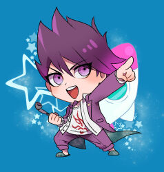 1boy asymmetrical_sleeves blue_background blue_slippers brooch buttons chibi coat coat_partially_removed coattails collared_coat collared_jacket commentary_request danganronpa_(series) danganronpa_v3:_killing_harmony denim facial_hair full_body hair_between_eyes hamadaichi high_collar highres holding holding_smoking_pipe jacket jeans jewelry layered_sleeves light_blush long_sleeves male_focus mismatched_sleeves momota_kaito open_clothes open_jacket open_mouth pants pointing pointing_forward purple_coat purple_eyes purple_facial_hair purple_hair purple_pants purple_sleeves rocket shirt short_hair simple_background slippers smile smoking_pipe solo space_print spiked_hair star_(symbol) starry_sky_print teeth two-sided_coat two-sided_fabric upper_teeth_only v-shaped_eyebrows white_jacket white_shirt white_sleeves