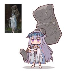 1girl barefoot blue_cape blush cape chibi commentary cosplay elden_ring elden_ring_nightreign flower_wreath grey_hair hair_flaps hammer head_wreath highres holding holding_hammer holding_weapon hololive hololive_english huge_weapon koseki_bijou kukie-nyan long_hair purple_eyes reference_inset revenant_(elden_ring) revenant_(elden_ring)_(cosplay) simple_background smile solo symbol-only_commentary very_long_hair virtual_youtuber war_hammer weapon white_background