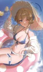 Rule 34 | 1girl, absurdres, alternate costume, bikini, blonde hair, blue archive, blue bikini, blue eyes, blue halo, bracelet, breasts, cleavage, collarbone, commentary, ggoong (pooplambgoong22), halo, hand on headwear, hand up, hashtag-only commentary, highres, jewelry, looking at viewer, medium breasts, navel, on innertube, one eye closed, open clothes, open shirt, parted lips, pearl bracelet, pink innertube, rubber duck, shirt, single bare shoulder, solo, stomach, swimsuit, thigh strap, toki (blue archive), water, white shirt