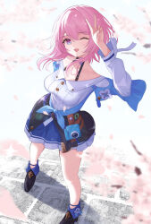 1girl absurdres acorn ankle_boots arm_behind_back badge black_boots black_choker black_corset blue_boots blue_eyes blue_jacket blue_skirt blurry blurry_foreground boots breasts button_badge buttons camera cherry_blossoms choker collarbone commentary corset dress_shirt flower_ornament full_body hand_up high_heel_boots high_heels highres honkai:_star_rail honkai_(series) jacket long_sleeves march_7th_(honkai:_star_rail) march_7th_(preservation)_(honkai:_star_rail) medium_breasts medium_hair miniskirt multicolored_boots multicolored_eyes nanashi1329 one_eye_closed open_mouth petals pink_eyes pink_hair pleated_skirt shirt skirt smile solo standing thigh_strap tied_jacket two-tone_boots two-tone_eyes v white_shirt