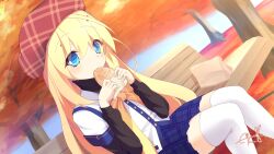1girl 2020 autumn bench beret blonde_hair blue_eyes blue_skirt buttons clover_days commentary_request dated day dutch_angle eating eijunesound eyes_visible_through_hair feet_out_of_frame food hair_between_eyes hands_up hat highres holding holding_food layered_sleeves light_blush long_hair long_sleeves looking_at_viewer miniskirt on_bench outdoors park park_bench plaid_clothes plaid_hat plaid_skirt pleated_skirt red_hat school_uniform shirt short_over_long_sleeves short_sleeves sidelocks signature sitting skirt solo straight_hair taiyaki takakura_anzu thighhighs tree very_long_hair wagashi white_shirt white_thighhighs zettai_ryouiki