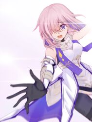 1girl absurdres armor armored_gloves armored_leotard black_hands breastplate breasts colored_extremities cuirass fate/grand_order fate_(series) floating_hair gauntlets gorget hair_over_one_eye hair_wagging highres leotard looking_at_viewer mash_kyrielight mash_kyrielight_(paladin) medium_breasts multicolored_hair open_hand open_mouth original outstretched_arm outstretched_hand pink_background pink_hair purple_eyes reaching reaching_towards_viewer short_hair simple_background solo white_armor yatoriiii
