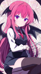 1girl absurdres artist_name bat_wings black_garter_straps black_skirt black_thighhighs black_vest black_wings breasts collared_shirt colored_eyelashes commentary_request cowboy_shot dot_nose dress_shirt fang fang_out from_below garter_straps gradient_eyes hair_between_eyes halmist head_wings highres koakuma light_blush long_hair looking_at_viewer medium_breasts multicolored_eyes necktie pencil_skirt red_eyes red_hair red_necktie shirt side_slit sidelocks simple_background skirt smile solo thighhighs touhou very_long_hair vest watermark white_shirt wings zettai_ryouiki