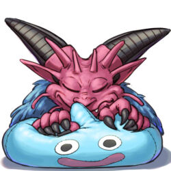 1boy antennae arinsu_(kodamamaimai) black_horns blue_facial_hair colored_skin commentary_request deathtamor dragon_quest dragon_quest_vi facial_hair horns male_focus monster monster_focus mortamor pink_skin pointy_ears resting slime_(dragon_quest) smile solo stuffed_toy tooth white_background