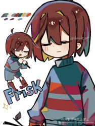 Rule 34 | 1other, blue sweater, brown hair, character name, chibi, closed eyes, closed mouth, dande lion2604, double horizontal stripe, english text, frisk (undertale), highres, holding, holding stick, other focus, short hair, solo, stick, sweater, twitter username, undertale, upper body