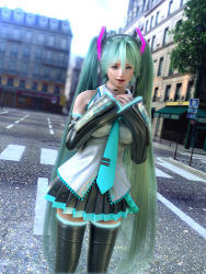 00s 1girl 3d between_breasts breasts female_focus green_hair hatsune_miku incise_soul looking_at_viewer m-rs necktie necktie_between_breasts solo standing thighhighs twintails vocaloid