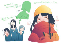 Rule 34 | 3girls, asakusa midori, asymmetrical bangs, beanie, black hair, commentary request, eizouken ni wa te wo dasu na!, eyewear on head, freckles, glasses, hat, kanamori sayaka, long hair, m0s0z, mizusaki tsubame, multiple girls, necktie, scar, school uniform, shibahama high school uniform, short hair