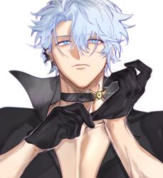 1boy adjusting_clothes adjusting_gloves black_choker black_gloves black_shirt blue_eyes choker closed_mouth collared_shirt earclip gloves grey_hair hair_between_eyes hakuzumu half-closed_eyes half_gloves hand_up highres honkai:_star_rail honkai_(series) looking_at_viewer male_focus open_clothes open_shirt parted_bangs pectoral_cleavage pectorals phainon_(fashion)_(honkai:_star_rail) phainon_(honkai:_star_rail) shirt short_hair simple_background solo upper_body white_background yellow_pupils