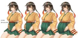 1girl :d absurdres artist_name before_and_after belly_grab big_belly blush breasts brown_eyes brown_hair closed_eyes closed_mouth flight_deck gloves green_hakama hair_between_eyes hakama hakama_short_skirt hakama_skirt hand_on_own_stomach hands_on_own_stomach headband highres hiryuu_(kancolle) holding_belly holding_own_stomach japanese_clothes jewelry kantai_collection kimono large_breasts looking_at_viewer medium_hair necklace open_mouth partially_fingerless_gloves pregnancy_progression pregnant progression ribbon rokubun606 sequential simple_background single_glove skirt smile thighs time_lapse twitter_username yellow_kimono