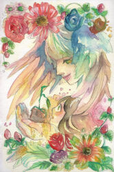 2girls absurdres blue_flower blue_rose brown_hair commentary_request feather_hair flower green_eyes half-closed_eyes highres holding holding_plant leaf magic multiple_girls original painting_(medium) pink_flower plant red_flower red_rose rose smile surprised traditional_media watercolor_(medium) white_background white_hair yukitya