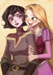 266notre 2girls absurdres arm_hug belt black_hair blonde_hair breasts brown_shirt cassandra_(tangled) cowboy_shot dress gloves green_eyes hair_between_eyes highres long_hair looking_at_another medium_breasts multiple_girls off-shoulder_shirt off_shoulder open_mouth parted_lips pink_dress rapunzel_(disney) red_lips red_shirt shirt shirt_under_shirt short_hair smile standing tangled rapunzel&#039;s_tangled_adventure teeth turtleneck very_long_hair yellow_background yuri