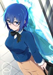 Rule 34 | 1girl, azami masurao, bag, black dress, blue eyes, blue hair, blue shirt, breasts, brown pants, buttons, c.i.e.l (fate), ciel (tsukihime), dress, fate/grand order, fate (series), frilled dress, frills, glasses, hair between eyes, highres, holding, holding bag, large breasts, layered dress, long sleeves, neck ribbon, pants, ribbon, screen, shirt, short hair, sleeveless, sleeveless dress, solo, star ciel (fate), tsukihime, white shirt