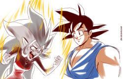 Rule 34 | aura, bang dacy, black eyes, black hair, black lips, breasts, chest jewel, clenched hands, collarbone, dragon ball, dragon ball gt, dress, edalyn clawthorne, fang, grey hair, hair between eyes, hands up, long hair, long sleeves, looking at another, muscular, pectorals, pointy ears, powering up, red dress, screaming, sidelocks, simple background, son goku, talking, the owl house, white background, white hair, yellow aura, yellow eyes