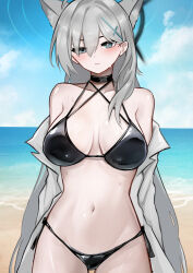 1girl absurdres animal_ears bikini black_bikini black_choker blue_archive blue_eyes choker commentary day english_commentary grey_hair halo highres long_hair navel ocean off_shoulder outdoors paid_reward_available shiroko_(blue_archive) shiroko_terror_(blue_archive) solo stomach swimsuit very_long_hair wawamachi wolf_ears wolf_girl