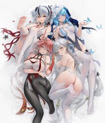 4girls absurdres ahoge alternate_costume arm_under_breasts ass asymmetrical_clothes bare_shoulders black_eyes black_flower black_pantyhose black_ribbon blake_bloom_(wuthering_waves) blue_butterfly blue_eyes blue_hair blue_nails blue_veil blush bow braid breasts bug butterfly camellya_(wuthering_waves) changli_(wuthering_waves) collar colored_extremities colored_eyelashes commentary_request covered_navel earrings elbow_gloves feather_hair feet flower flower_on_chest foot_up garter_belt gloves gold_earrings groin hair_between_eyes hair_extensions hair_flower hair_intakes hair_ornament hair_ribbon hair_spread_out hair_vines haku89 hand_grab hand_on_own_chest hand_on_own_face highres huge_breasts insect jewelry jinhsi_(wuthering_waves) large_breasts leotard long_hair looking_at_viewer lying medium_breasts multicolored_hair multiple_girls nail_polish no_shoes on_back paid_reward_available pants pantyhose parted_lips pink_hair red_hands red_ribbon revision ribbon ring_hair_extensions shorekeeper_(wuthering_waves) single_pantsleg smile soles tacet_mark_(wuthering_waves) thighhighs thighs toes twin_braids two-tone_hair two-tone_veil two_side_up veil very_long_hair white_bow white_collar white_eyelashes white_eyes white_garter_belt white_gloves white_hair white_pants white_thighhighs white_veil wuthering_waves yellow_eyes yuri