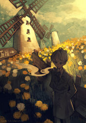 1boy absurdres ahoge arrow_(symbol) bright_pupils brown_coat brown_eyes brown_pants building cloud cloudy_sky coat collared_shirt commentary_request dandelion dandelion_seed dated dress_shirt field flower flower_field hands_in_pockets highres jimini_shijimi original pants pipe_in_mouth scenery shirt short_hair sign sky smoking smoking_pipe solo standing trench_coat white_flower white_hair white_pupils white_shirt windmill yellow_flower