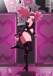 ass bat_wings boku_no_hero_academia boots detached_sleeves haneyama_kazuho high_heel_boots high_heels mask microphone one_eye_closed pink_hair thigh_boots thighhighs twintails wings wink