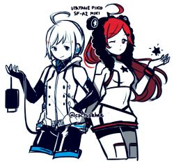 1boy 1girl ;o android blue_eyes character_name cropped_torso khee long_hair one_eye_closed red_eyes red_hair sf-a2_miki sf-a2_miki_(vocaloid4) simple_background skirt smile star_(symbol) trait_connection twitter_username usb utatane_piko vocaloid white_background white_hair