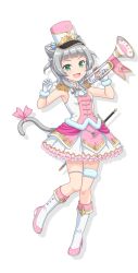 1girl :3 :d blunt_bangs boots cone_hair_bun double_bun fold-over_boots frilled_skirt frills full_body fur-trimmed_gloves fur-trimmed_shirt fur_thigh_strap fur_trim gloves green_eyes hair_bun hair_ears highres holding holding_instrument holding_trumpet instrument kashiwagi_mia knee_boots long_hair looking_at_viewer miniskirt multicolored_boots official_art ongeki open_mouth pink_boots pink_shirt pleated_skirt shirt sidelocks simple_background skirt sleeveless sleeveless_shirt smile solo tachi-e transparent_background trumpet two-tone_boots two_side_up white_boots white_gloves