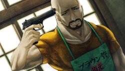 Rule 34 | 1boy, adam&#039;s apple, apron, aqua eyes, architecture, bald, beard, beretta 92, biceps, black hair, clenched teeth, collarbone, deltoids, dutch angle, east asian architecture, facial hair, finger on trigger, game cg, goatee, green eyes, grin, gun, gun to head, handgun, highres, holding, holding gun, holding weapon, huke, imminent death, imminent suicide, impossible clothes, indoors, large pectorals, looking at viewer, male focus, mature male, muscular, muscular male, non-web source, official art, parted lips, pectoral cleavage, pectorals, ringed eyes, sad smile, shirt, short sleeves, shouji, sliding doors, smile, solo, square pupils, standing, steins;gate, teeth, tennouji yuugo, text print, translation request, weapon, yellow shirt