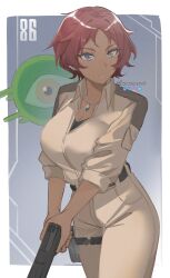 1girl 86_-eightysix- absurdres belt black_belt black_undershirt blue_eyes breasts brown_pants brown_shirt cleavage commentary_request copyright_name cowboy_shot dark-skinned_female dark_skin gun handgun heterochromia highres holding holding_gun holding_weapon holster jewelry knowname large_breasts long_sleeves looking_at_viewer military_uniform mixed-language_commentary necklace pants parted_lips partial_commentary red_hair shiden_iida shirt short_hair solo thigh_holster twitter_username weapon