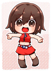1girl belt boots border brown_eyes brown_hair chibi chibi_only commentary_request crop_top full_body highres looking_at_viewer meiko_(vocaloid) midriff navel open_mouth outstretched_arms polka_dot polka_dot_background sakuma_(ykrm) shirt short_hair skirt sleeveless sleeveless_shirt smile solo vocaloid white_border