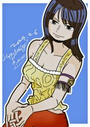 1girl 2024 armlet bare_shoulders black_hair blue_background blunt_bangs border collarbone commentary dated happy_birthday hi_ina jewelry medium_hair nico_robin nico_robin_(skypiea) one_piece outline outside_border simple_background sitting smile solo tank_top white_border white_outline yellow_tank_top