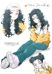 1girl absurdres animification between_legs black_hair bracelet cardigan curly_hair danielle_(newjeans) denim double_bun earrings english_text hair_bun hand_between_legs hat highres itaoka1 jeans jewelry light_smile looking_to_the_side multiple_expressions necklace newjeans pants real_life shirt sleeveless sleeveless_shirt star_(symbol) white_background white_hat white_shirt yellow_cardigan
