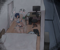 1boy 1girl absurdres arm_behind_back asymmetrical_gloves barefoot bed bedroom bikini blue_bikini blue_eyes breasts clothed_female_nude_male clothes_on_floor commentary computer covered_erect_nipples dark dolphin_wave elbow_gloves erection faceless faceless_male fingering gloves hand_on_own_chest highres kirishima_uniform large_breasts layered_bikini leg_up navel night nude porch pubic_hair short_hair single_elbow_glove sitting skindentation slippers solo_focus standing swimsuit time_lapse tojou_michiru translated uneven_gloves unworn_clothes uruwana