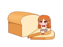 Rule 34 | bleach, blush, bow, bread, brown hair, chibi, food, grey skirt, hair ornament, highres, inoue orihime, karakura high school uniform, loaf of bread, long hair, orange hair, red bow, school uniform, signature, skirt, smile, socks, white socks, zrozelia