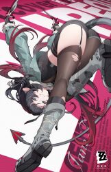 1girl absurdres animal_ears black_shorts fur-trimmed_jacket fur_trim green_jacket haniwa_(70960764) high-waist_shorts highres jacket jane_doe_(zenless_zone_zero) long_tail mouse_ears mouse_girl mouse_tail pantyhose red_nails sharp_tail shorts single_leg_pantyhose solo tail thighhighs torn_clothes torn_pantyhose torn_thighhighs zenless_zone_zero