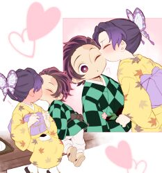 1boy 1girl ? aged_down alternate_universe arms_behind_back belt blush butterfly_hair_ornament child closed_eyes commentary commentary_request couple crying english_commentary flower french_kiss green_kimono hair_ornament holding holding_flower japanese_clothes kamado_tanjirou kimetsu_no_yaiba kimono kiss kissing_cheek kochou_shinobu looking_at_another mixed-language_commentary motion_lines obi open_mouth pink_background pink_flower print_kimono rose sash simple_background speech_bubble spoken_question_mark standing surprise_kiss surprised user_fhwv8447 vietnamese_commentary yellow_kimono