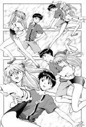 Rule 34 | 1boy, 1girl, ass, bare legs, casual, dancing, hair between eyes, hand on own hip, highres, ikari shinji, legs apart, leotard, long hair, looking to the side, musical note, musical note print, neon genesis evangelion, neon genesis evangelion (manga), official art, open mouth, print shirt, sadamoto yoshiyuki, sequential, shirt, short hair, shorts, simple background, smile, souryuu asuka langley, sweat, teamwork, third-party edit, wide hips