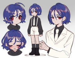 1boy absurdres aged_down black_shirt blue_hair blush child chinese_commentary closed_eyes commentary_request gradient_background grey_background gundam gundam_gquuuuuux highres jacket looking_at_viewer male_focus multiple_views necktie noelsion open_mouth red_eyes shirt shoes short_hair shorts shuji_ito simple_background socks solo_focus suspenders white_jacket white_necktie white_shorts