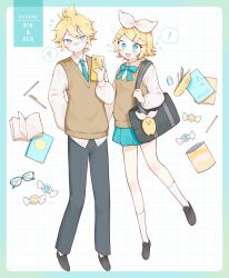 ! +_+ 1boy 1girl absurdres alternate_costume bag bag_charm bag_of_chips bandaid bandaid_on_cheek bandaid_on_face bandaid_on_nose black_pants black_shoes blonde_hair blue_eyes blue_necktie blue_skirt blush bow candy cellphone character_name charm_(object) collared_shirt commentary eraser flying_sweatdrops food full_body grid_background hair_bow hair_ornament hairpin highres holding holding_phone iphone kagamine_len kagamine_rin loafers long_sleeves miniskirt mr_(1937mrtary) multiple_hairpins necktie notebook open_mouth pants pen pencil pencil_case phone pleated_skirt ponytail puffy_long_sleeves puffy_sleeves school_bag school_uniform shirt shoes short_hair short_ponytail skirt small_sweatdrop smartphone socks sparkle spoken_exclamation_mark spoken_squiggle squiggle sweater_vest typo unworn_eyewear vocaloid white_bow white_shirt white_socks wide-eyed wrapped_candy