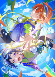 2boys absurdres ahoge akehoshi_subaru blue_eyes blue_hair blue_jacket blue_sky bubble ensemble_stars! hair_between_eyes highres jacket long_sleeves looking_at_viewer male_focus microphone multiple_boys official_alternate_costume one_eye_closed open_mouth orange_hair outstretched_arm purple_eyes ribbon sagiri_esu short_hair shorts sky smile star_(symbol) star_in_eye symbol_in_eye visor_cap yellow_ribbon yoshio_tachi