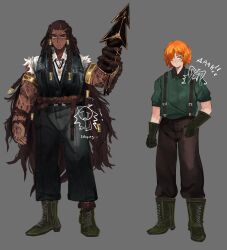 2girls arm_tattoo armlet belt black_belt black_pants black_vest blush boots braided_dreadlocks brown_pants collared_shirt doodle_inset facial_tattoo freckles gloves green_footwear green_gloves green_shirt grey_background hand_on_own_hip harpoon highres ishmael_(project_moon) ishmael_(the_pequod)_(project_moon) jewelry lace-up_boots limbus_company long_hair metal_hair_tubes multiple_girls muscular muscular_female necklace open_collar orange_hair pants parody project_moon queequeg_(project_moon) role_swap rope_around_arm rope_around_waist scar scar_on_arm sguk711 shirt short_hair style_parody suspenders tattoo torn_off_sleeves very_long_hair vest white_shirt