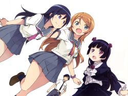 Rule 34 | 3girls, aragaki ayase, blue eyes, blue hair, blush, flower, gokou ruri, hair ornament, hairclip, hairu, happy, kousaka kirino, kousaka kyousuke, looking at viewer, multiple girls, open mouth, ore no imouto ga konna ni kawaii wake ga nai, pink eyes, rose, school uniform, simple background, smile, standing
