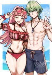 Rule 34 | 1boy, 1girl, ;d, abs, absurdres, armpits, bare shoulders, bikini, black male swimwear, border, breasts, cleavage, closed mouth, collarbone, eyewear on head, fire emblem, fire emblem: three houses, fire emblem heroes, frilled bikini, frills, gluteal fold, highres, hilda valentine goneril, hilda valentine goneril (summer), hilda valentine goneril (timeskip), large breasts, long hair, male byleth (enlightened) (fire emblem), male byleth (fire emblem), male swimwear, muscular, muscular male, navel, nintendo, ocean, off-shoulder bikini, off shoulder, official alternate costume, one eye closed, open mouth, outdoors, outside border, pectorals, pink-tinted eyewear, pink bikini, pink eyes, pink hair, ponytail, rotomdocs, round eyewear, second-party source, smile, standing, stomach, striped bikini, striped clothes, sunglasses, swim trunks, swimsuit, teeth, thighs, tinted eyewear, tongue, topless male, upper teeth only, v, variant set, vertical-striped bikini, vertical-striped clothes, whistle, whistle around neck, white border