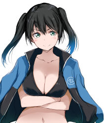 1girl arms_under_breasts bikini black_bikini black_hair blue_jacket blush breasts cleavage closed_mouth collarbone commentary_request crossed_arms gengoroh green_eyes hair_between_eyes highres jacket jacket_on_shoulders looking_at_viewer love_live! love_live!_nijigasaki_high_school_idol_club medium_breasts medium_hair midriff navel sidelocks smile solo swimsuit takasaki_yu twintails upper_body v-shaped_eyebrows white_background